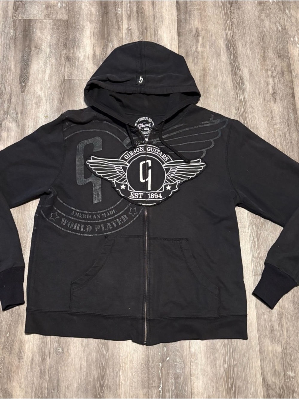 Gibson Guitars Hoodie Mens L Black Full Zip Sweatshirt Wing Logo Embroidered